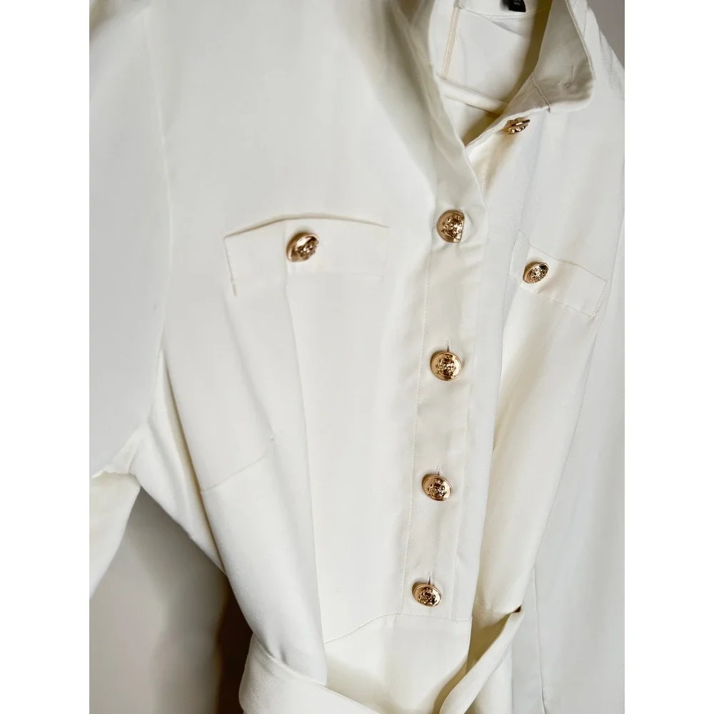 Ann Taylor Ivory Gold Button Tie Waist Midi Dress Old Money Career - Picture 8 of 11